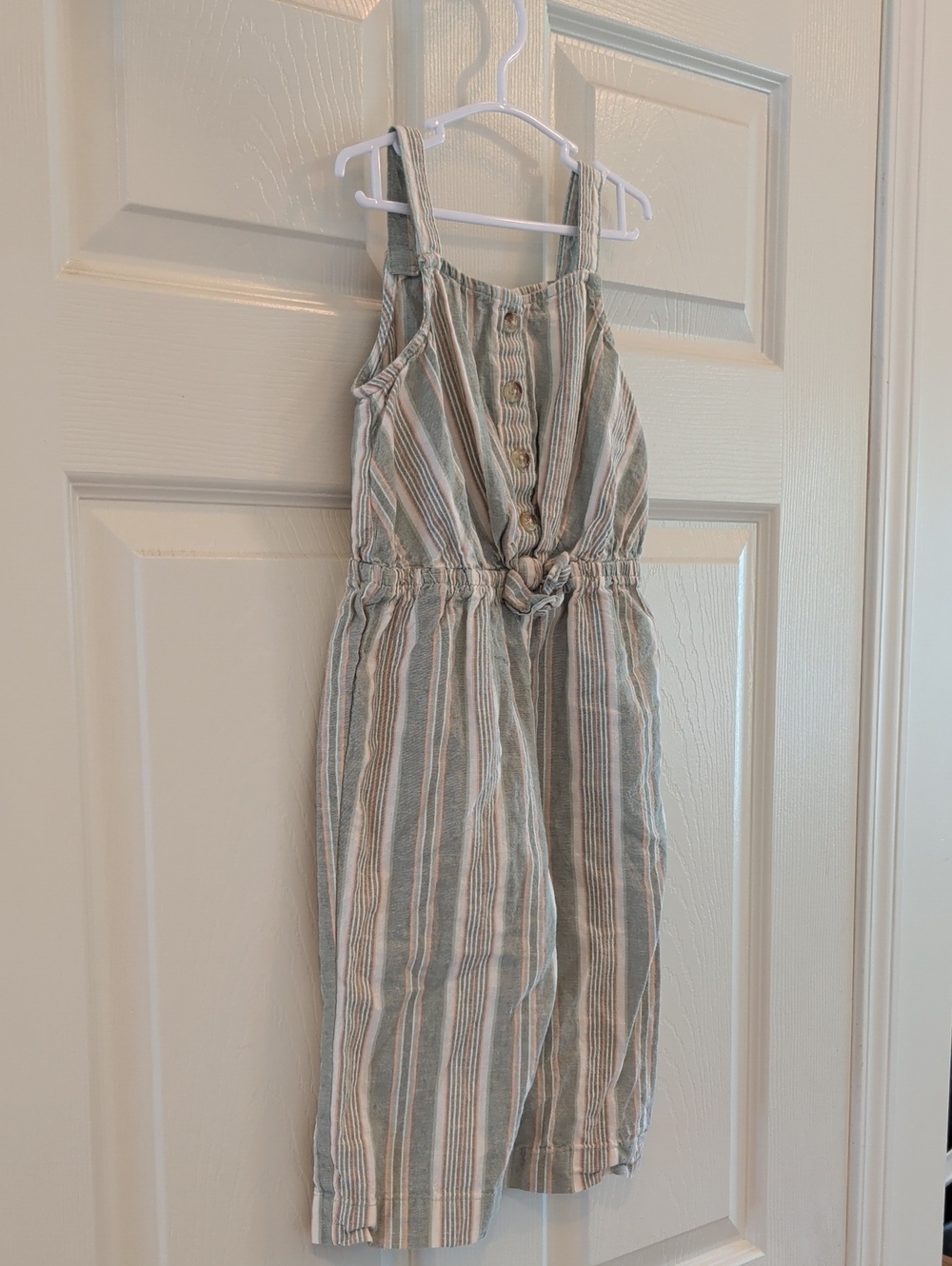 OshKosh B'gosh Linen 3T Green and Cream Striped Button-Front Kids Jumpsuit